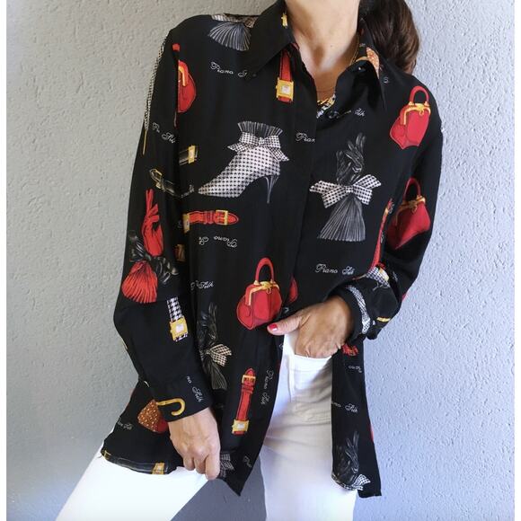 Vintage Piano Baroque Novelty Print 100% Silk Button Down Blouse Medium - Picture 1 of 7